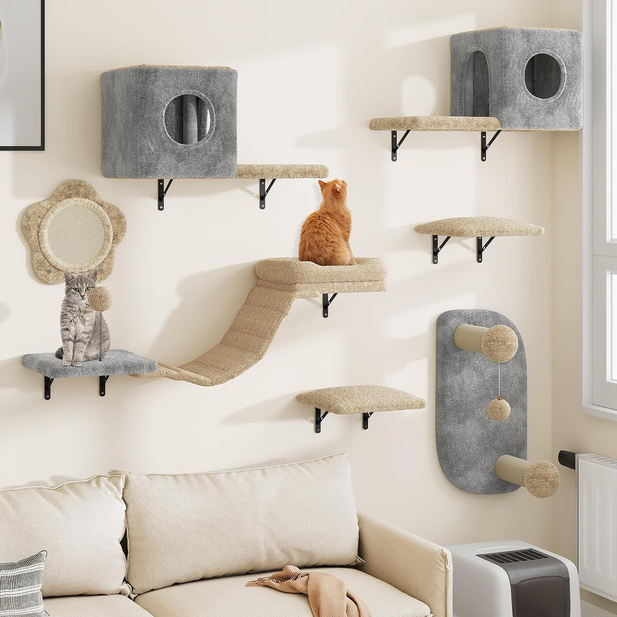 YITAHOME 8 Pcs Sturdy Cat Climbing Wall Set Made of Flannel, Cat Furniture with House, Bed, Scratching Board, Hanging Bridge, and Sisal Column for Cats Sleeping and Playing Lounging MegaBDM