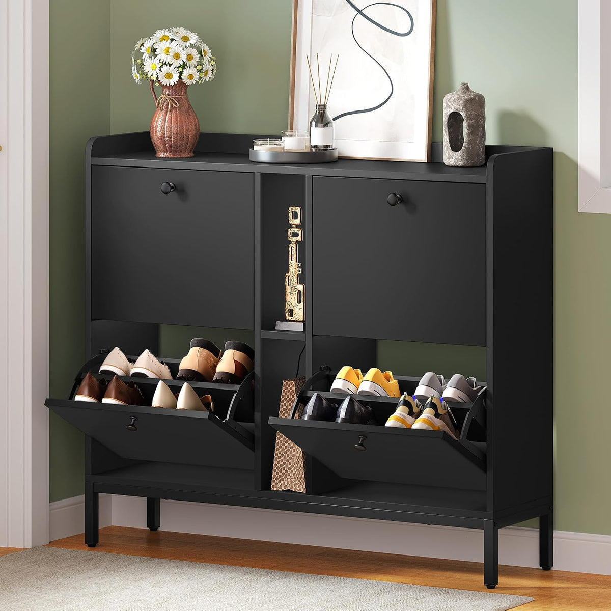 YITAHOME Shoe Storage Cabinet with 4 Flip Drawers, Shoe Cabinet with 2 Open Shelf, for 16-24 Pairs of Shoes for Hallways and Living Room, Black, 108 cm x 95.5 cm x 27.5 cm MegaBDM