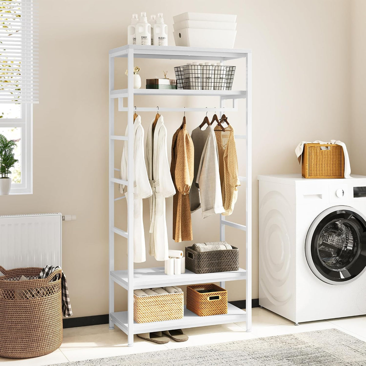 YITAHOME Coat Rack, Tall Hall Tree, Industrial Coat Rack Stand with with 4 Shelves, Floorstanding Clothes Rail with Shoe Storage, Garment Rack for Hallway, Living Room, White MegaBDM