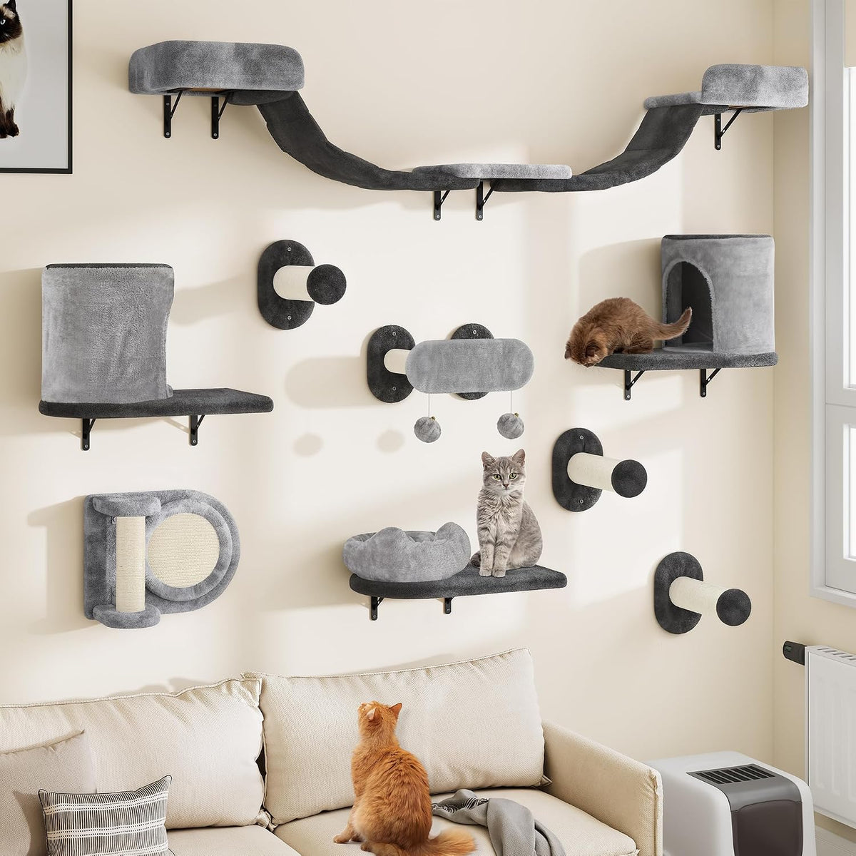 YITAHOME 11Pcs Sturdy Cat Climbing Wall Set Made of Flannel, Cat Furniture with House, Scratching Board, Suspension Bridge, Bed, and Sisal Column for Cats Sleeping, Playing, and Lounging MegaBDM