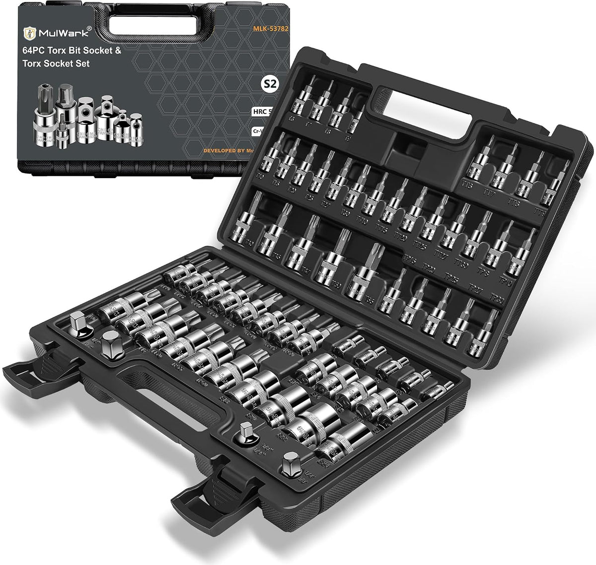 MulWark 64-Piece Master-Torx-Automotive-Mechanics-Tool | 3/8, 1/4, 1/2 in. Drive Torx Bit Socket and External Torx Socket Set w./ Impact Adapter and Reducer | S2 and Cr-V Steel MegaBDM