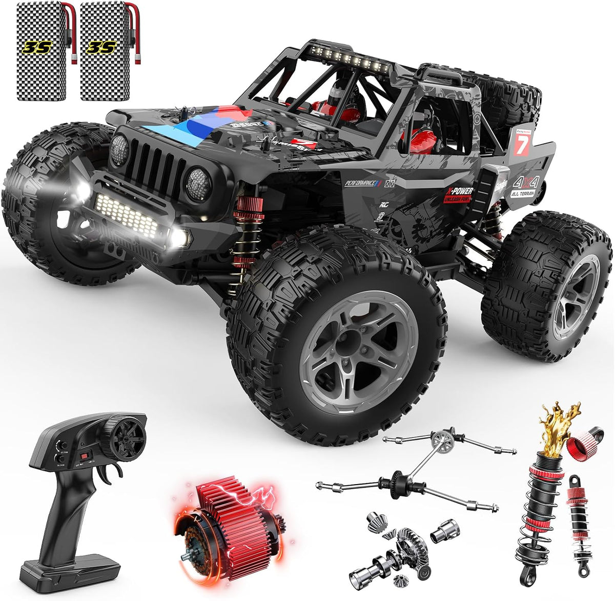 DEERC 207E 1/10 Brushless RC Truck for Adults, 55 KMH Fast RC Car, 4WD Electric Off-Road Remote Control Monster Truck, High Speed RC Rally Car, All Terrain RC Crawler with 3S Batteries for Boys MegaBDM