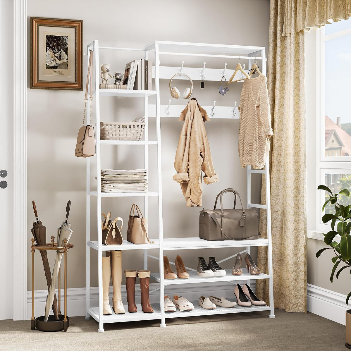 YITAHOME Coat Rack Stand with Shoe Storage, Floorstanding Hall Tree with Bench Industrial Coat Rack with 9 Hooks and 5 Shelves Clothes Rail for Bedroom Living Room Hallway Entryway, White MegaBDM