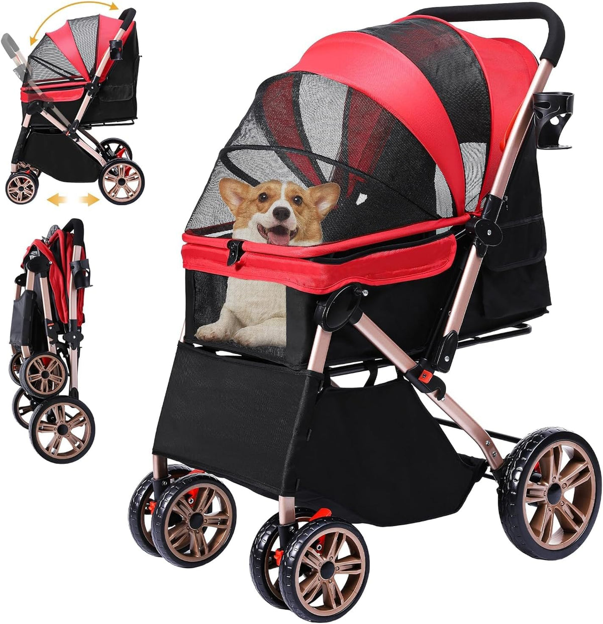 DWVO Dog Stroller, Pet Pram for Small Medium Dogs 22kg, Dog Buggy with Storage Basket Cup Holder, Cats Dogs Pushchair, Foldable Pet Strollers for Cats Puppies Dogs (Red) MegaBDM