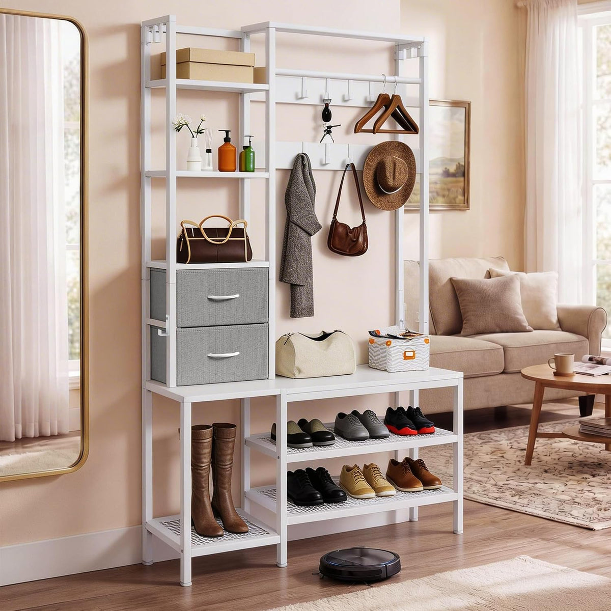 YITAHOME Coat Rack Stand with Shoe Storage, Freestanding Hallway Unit with 2 Shelves, Industrial Coat Stand with 9 Hooks for Hallway Living Room Bedroom, Metal Frame, White MegaBDM