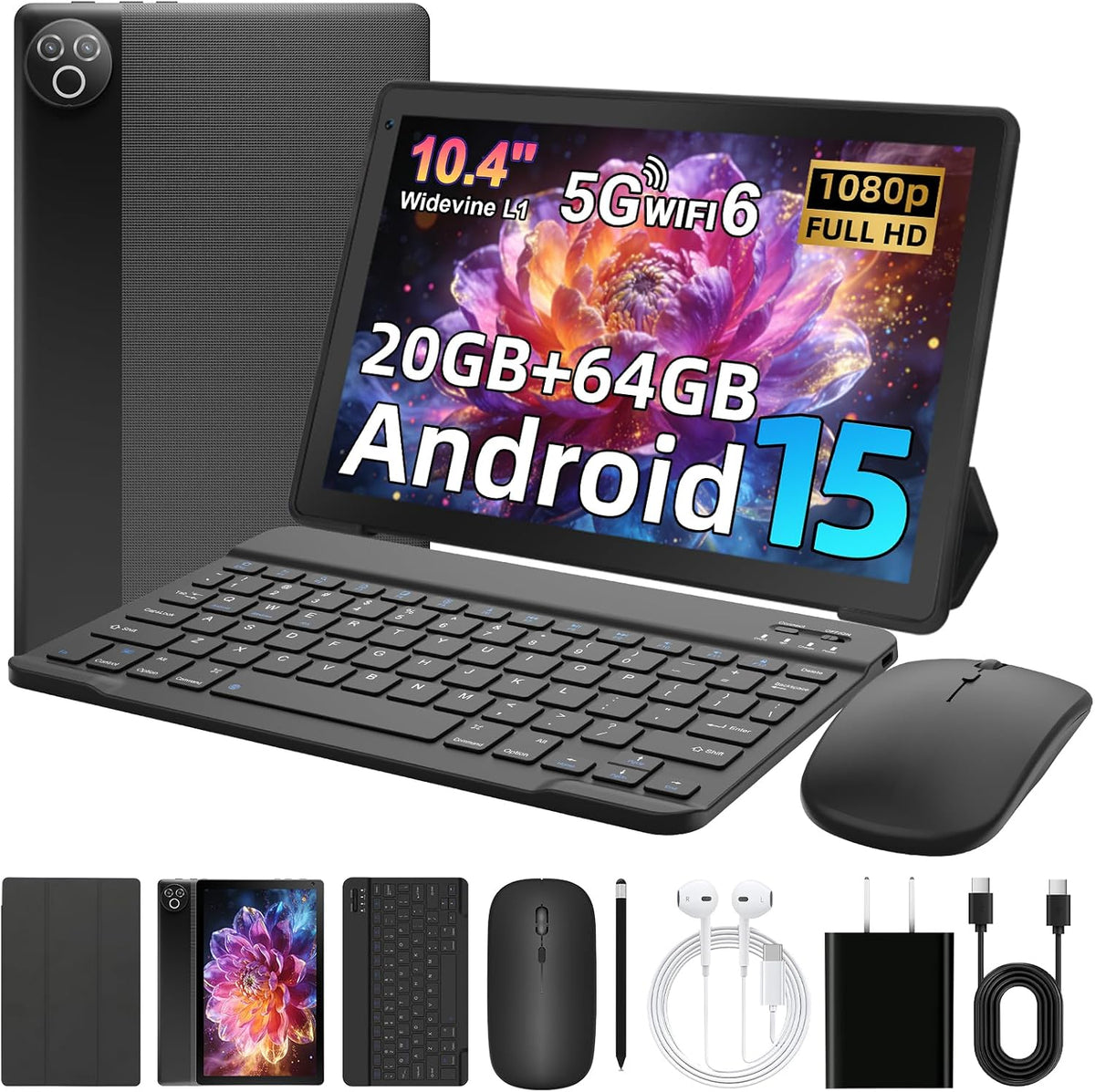 Android 15 Tablet, 10.4 inch Tablet, Android Tablets with Keyboard Pen Case Mouse Earphone, 20GB RAM+64GB ROM (TF 1TB), 5000mAh, WiFi 6, BT5.4, Dual Cameras & Speakers, Black MegaBDM