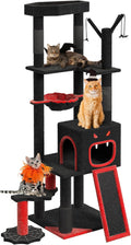 YITAHOME Gothic Cats Tree, 153 cm Tall, Stable Tree for Large Cats, XL Tree with 4 Sisal Posts, 1 Scratching Board, 1 Bed, 1 Funny Stick, Platform Nest, Cave, Halloween, Black MegaBDM