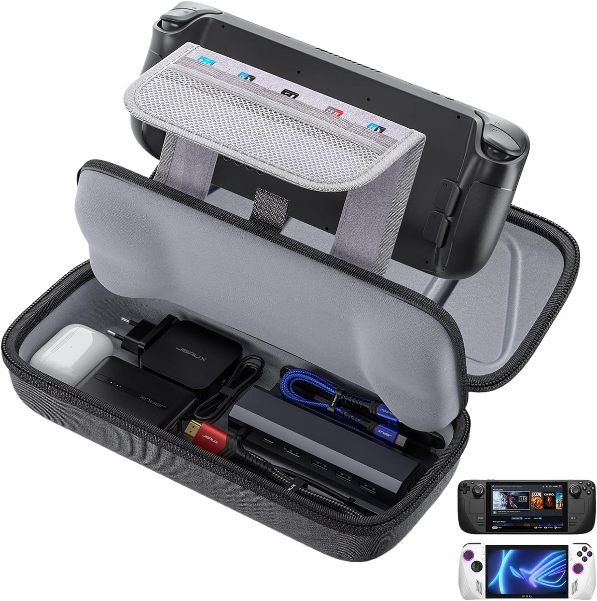JSAUX Carrying Case Compatible with Steam Deck & ROG Ally, Protective Hard Shell Carry Case Built-in Charger & Docking Station Storage, Portable Travel Bag for Steam Deck OLED/ROG Ally X MegaBDM