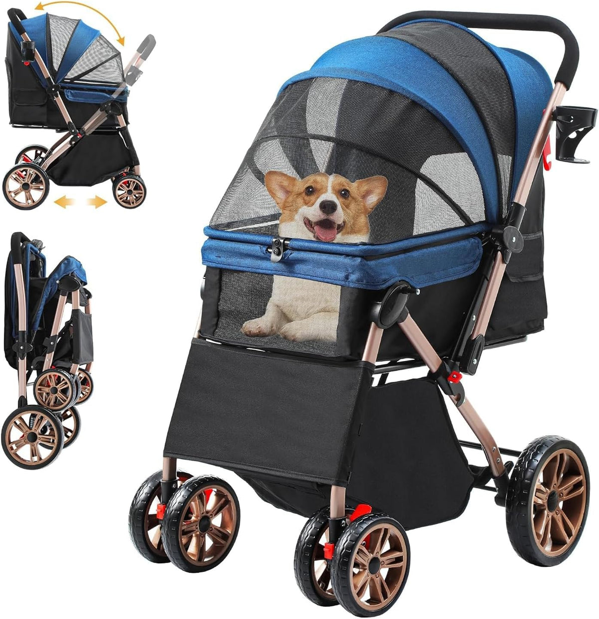 DWVO Dog Stroller, Pet Pram for Small Medium Dogs 22kg, Dog Buggy with Storage Basket Cup Holder, Cats Dogs Pushchair, Foldable Pet Strollers for Cats Puppies Dogs (Blue) MegaBDM