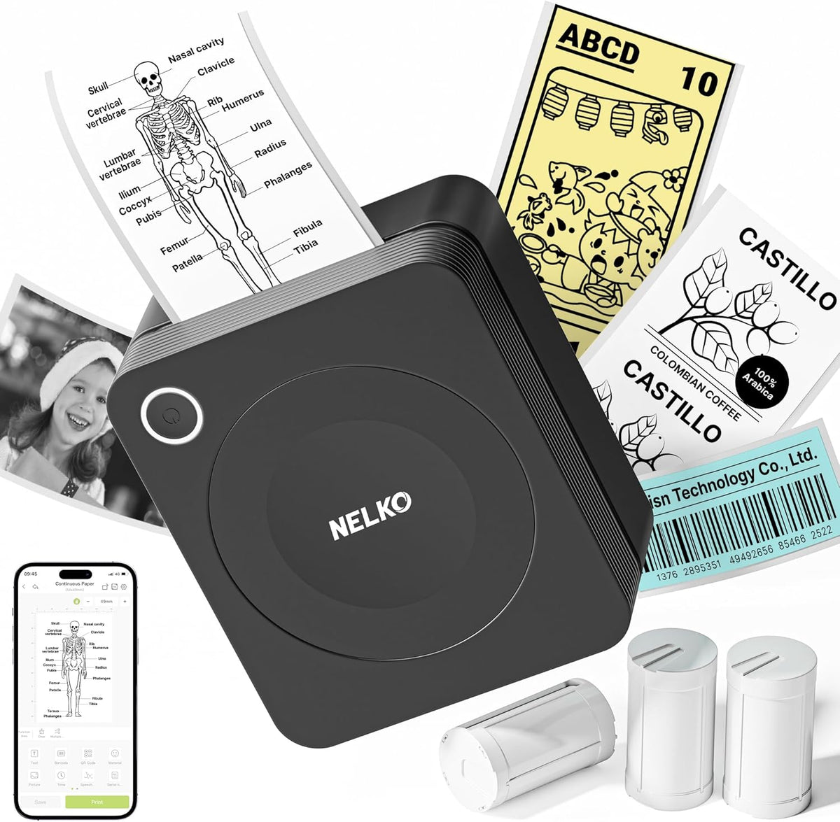 Nelko Sticker Printer, PM230 Mini Printer Bluetooth Portable Sticker Maker with 3 Rolls, for DIY Creation, Study Notes, Pictures, Receipts, List, Multiple Templates for Phone & Tablet, Black MegaBDM