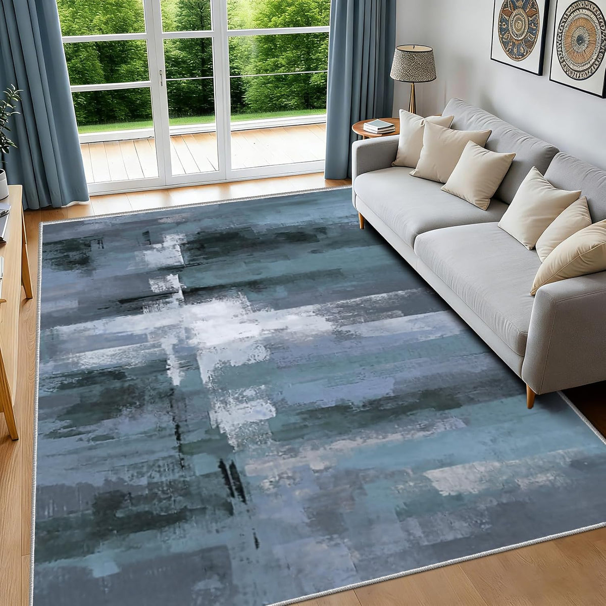 Blue Abstract Area Rug,Machine Washable Rug for Living Room, Teal & Grey Modern Watercolor Art Carpet, Soft Low Pile Non-Slip Indoor Rug for Bedroom Dining Room, 80x120cm MegaBDM