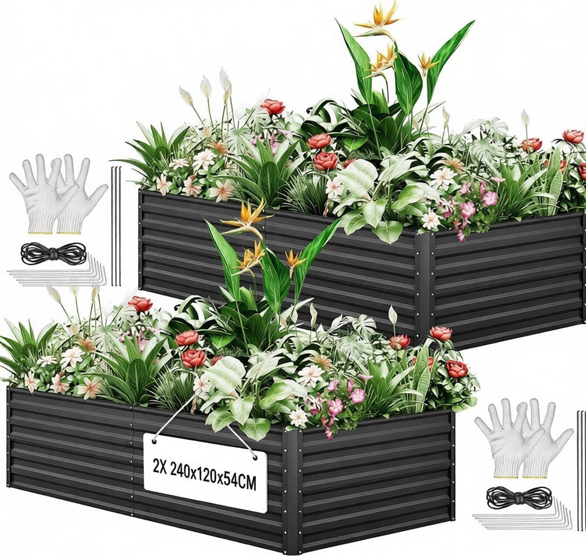 YITAHOME 2Pcs Outdoor Raised Garden Bed Kit 240x120x58cm, Raised Beds Thickened Zinc-Aluminum-Magnesium Metal Raised Beds for Garden with Support Rod & Gloves for Vegetables Flowers Fruits (Black) MegaBDM
