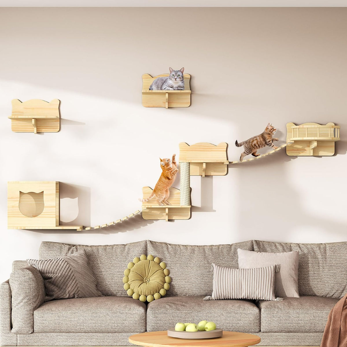 YITAHOME Wooden Cats Climbing Wall Set, 5 Pcs Sturdy Cat Furniture with House, Bed, Platform, Sisal Column, and Suspension Bridge, for Cats Sleeping, Playing, Lounging MegaBDM