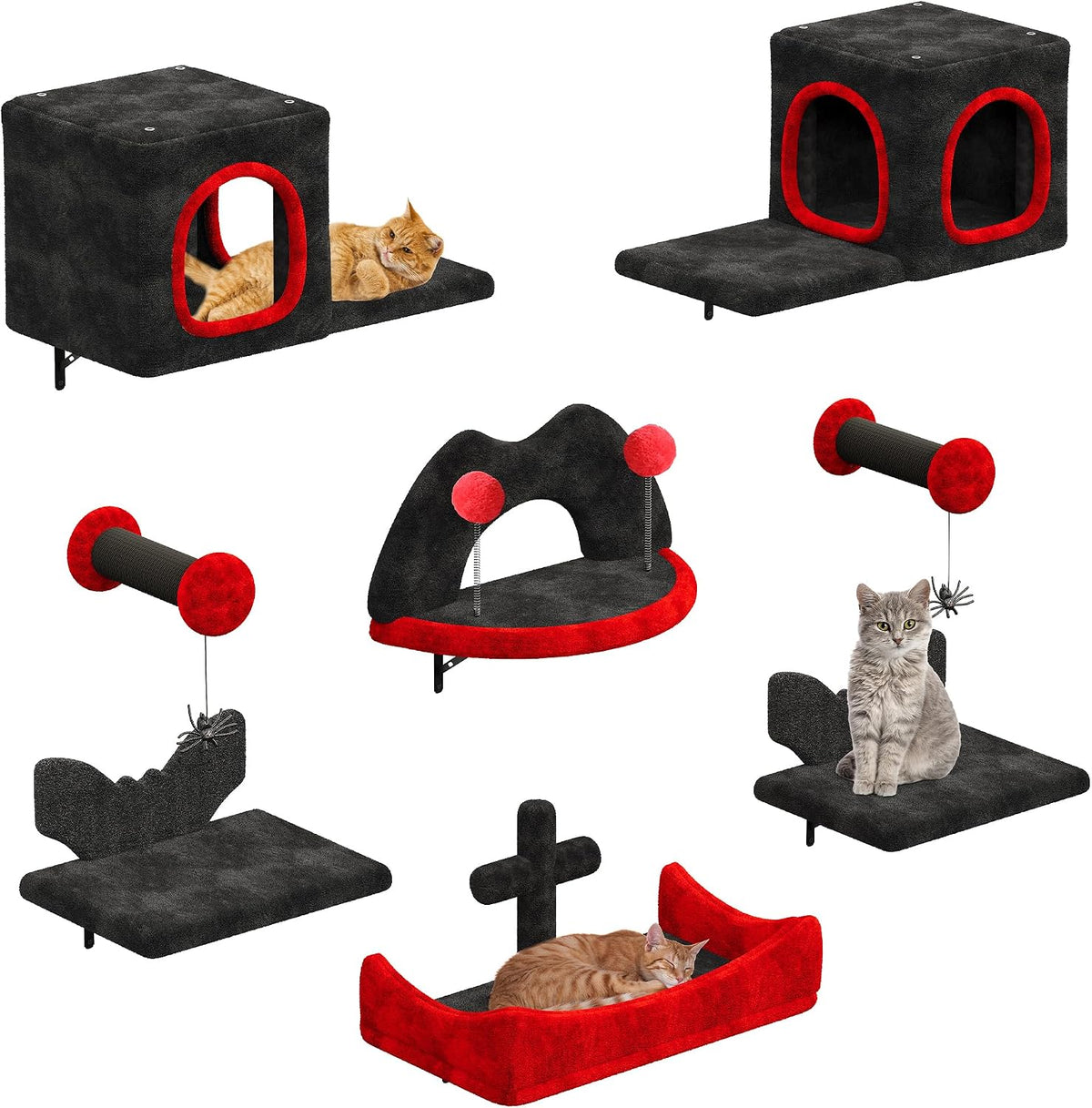 YITAHOME Gothic Cat Climbing Wall Set Made of Flannel, 8 Pcs Sturdy Cat Furniture with House, Bed, 2 Platforms, and Sisal Column with Spider for Cats Sleeping and Playing Lounging MegaBDM