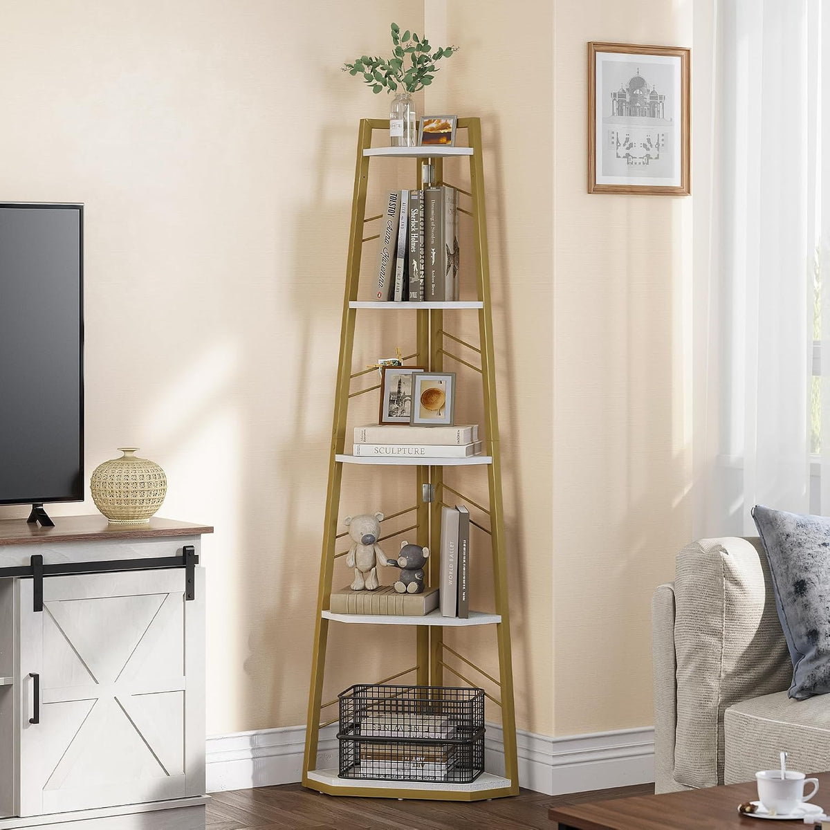 YITAHOME Corner Shelf 5 Tiers, Industrial Bookshelf Modern Floorstanding Corner Bookcase Ladder Shelf Wooden Open Display Shelving Unit for Living Room, Hallway, Home Office, Gold Book shelf MegaBDM