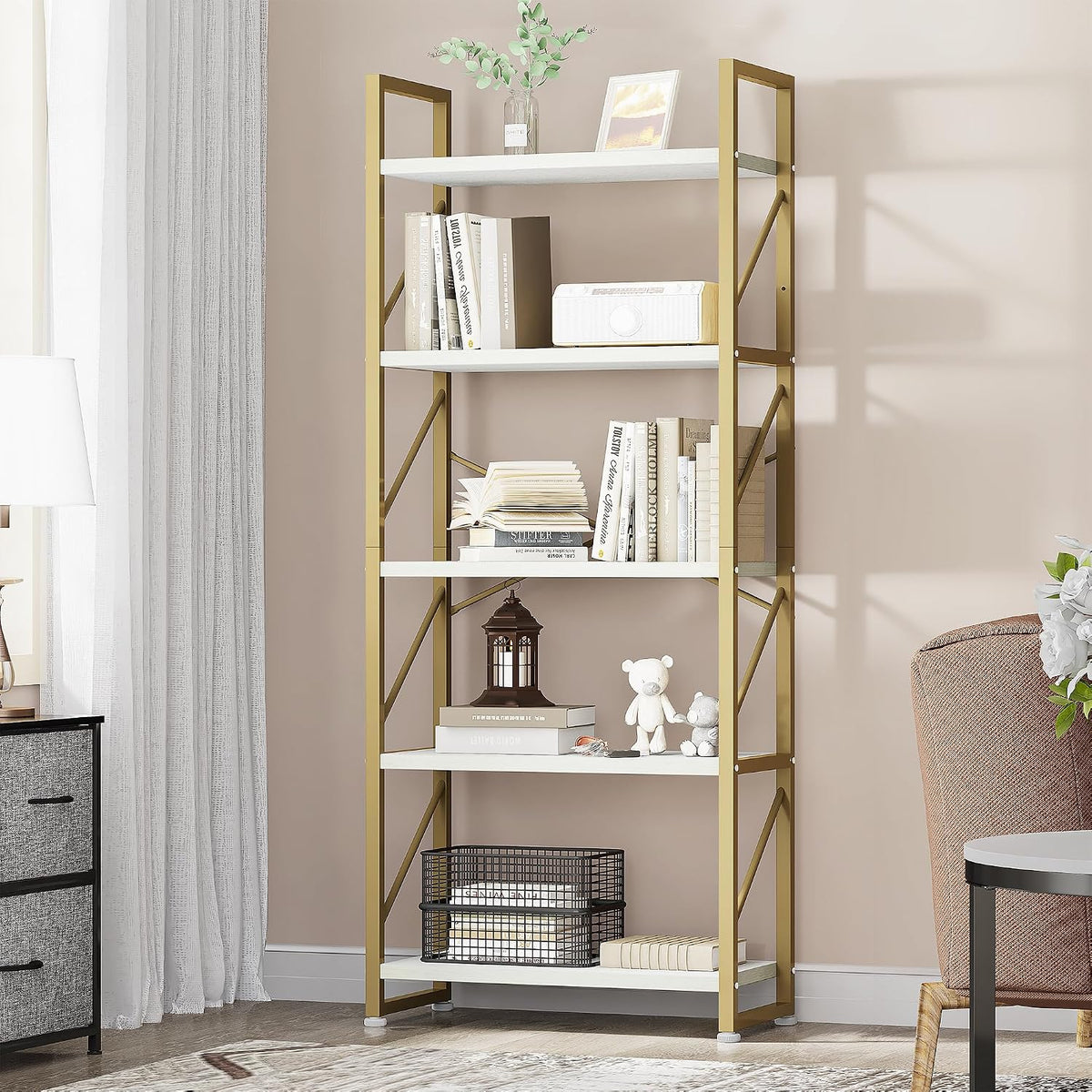 YITAHOME Bookcase 5 Tiers, Floor Standing Book Shelf, Wooden Shelf and Metal Frame Book Rack, Display Storage Rack Shelving Units for Living Room, Home Office - Gold Bookshelf MegaBDM