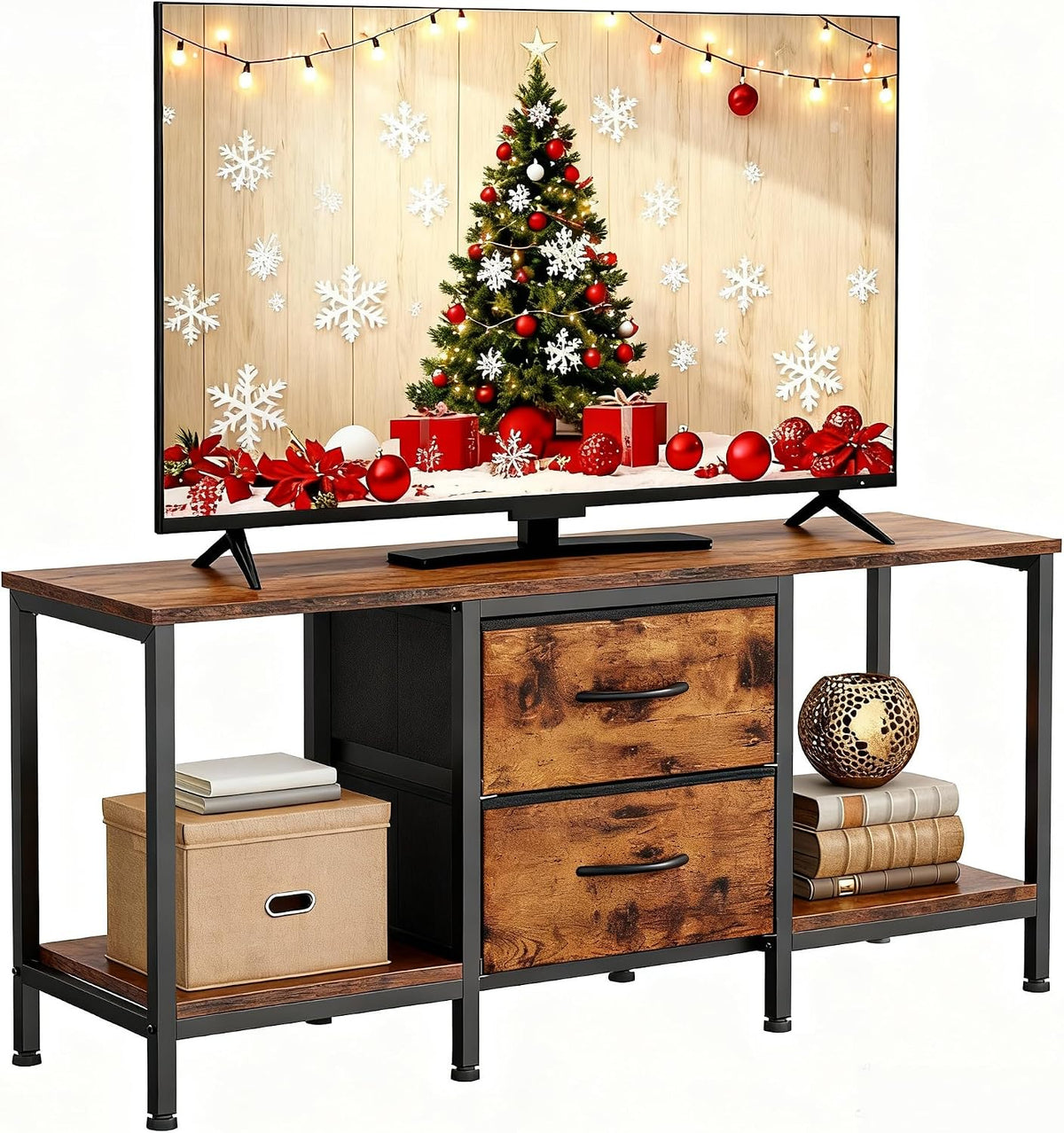 YITAHOME TV Stand, TV Cabinet up to 47 Inch, TV Unit with 2 Fabric Drawers and 2 Open Shelves, 110 x 30 x 50cm Chest of Drawers for Living Room, Entertainment Room, Bedroom Furniture, Steel Frame MegaBDM
