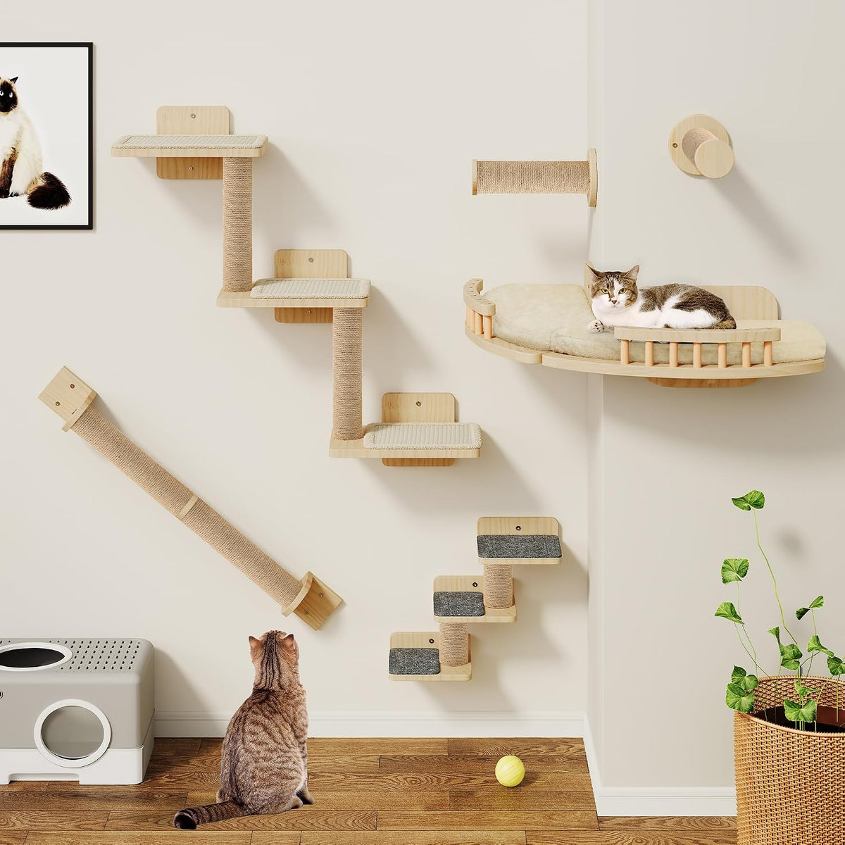 YITAHOME Cat Climbing Wall Set Made of Wood, 7 Pcs Sturdy Furniture with Scratching Posts, Corner Platform, Stair Climbers, and Cat Bed for Cats Sleeping, Playing, and Lounging MegaBDM