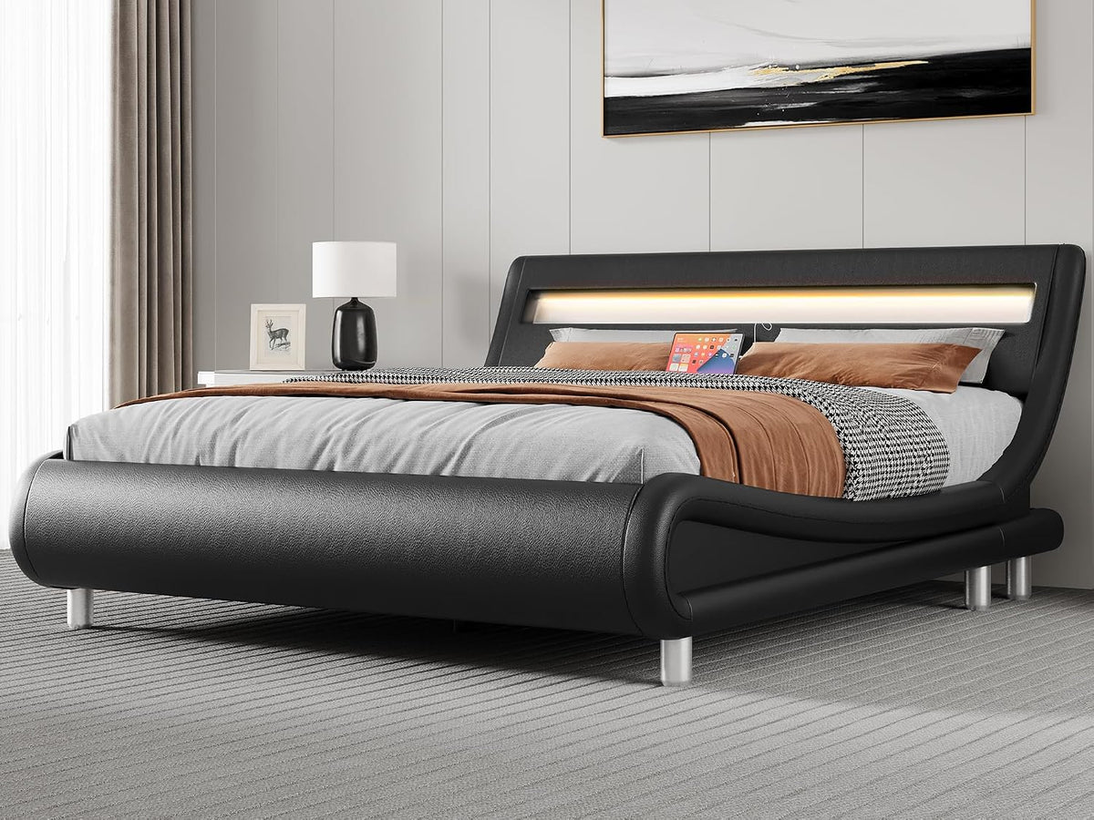 YITAHOME King Size Bed Frame,Upholstered Led with Lights & Storage Charging Station,Platform Bed Frame with Pu Leather/No Box Spring Needed,Black MegaBDM