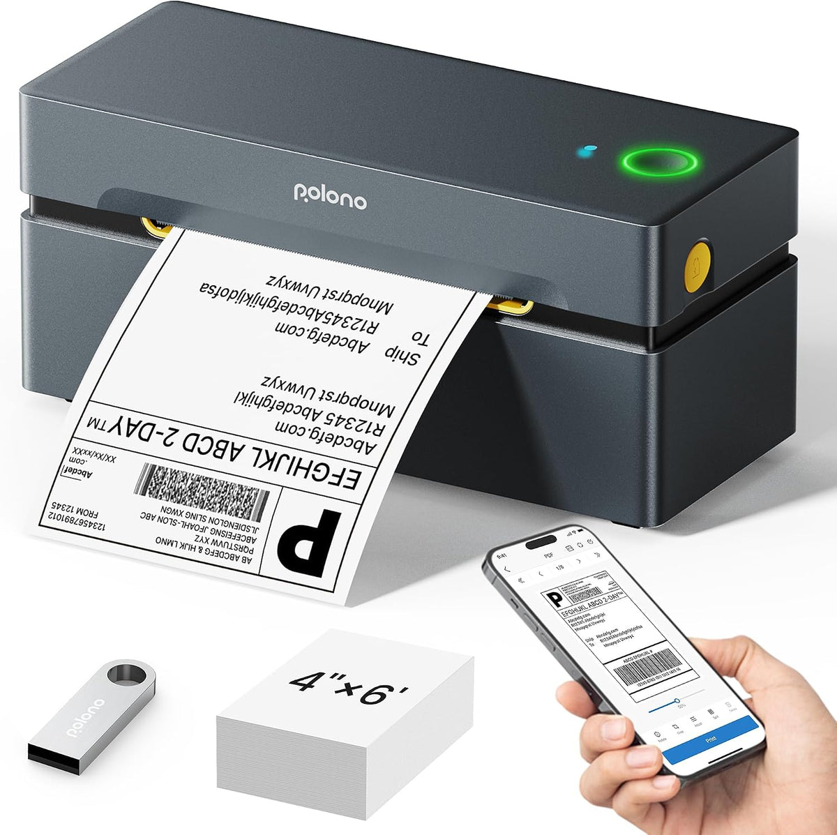 POLONO PL80E Bluetooth Wireless 4x6 Thermal Shipping Label Printer, Grey | Postage parcel label machine for small business, supports iOS, Android, Windows & Mac, smart AI APP, compatible Amazon & USPS MegaBDM