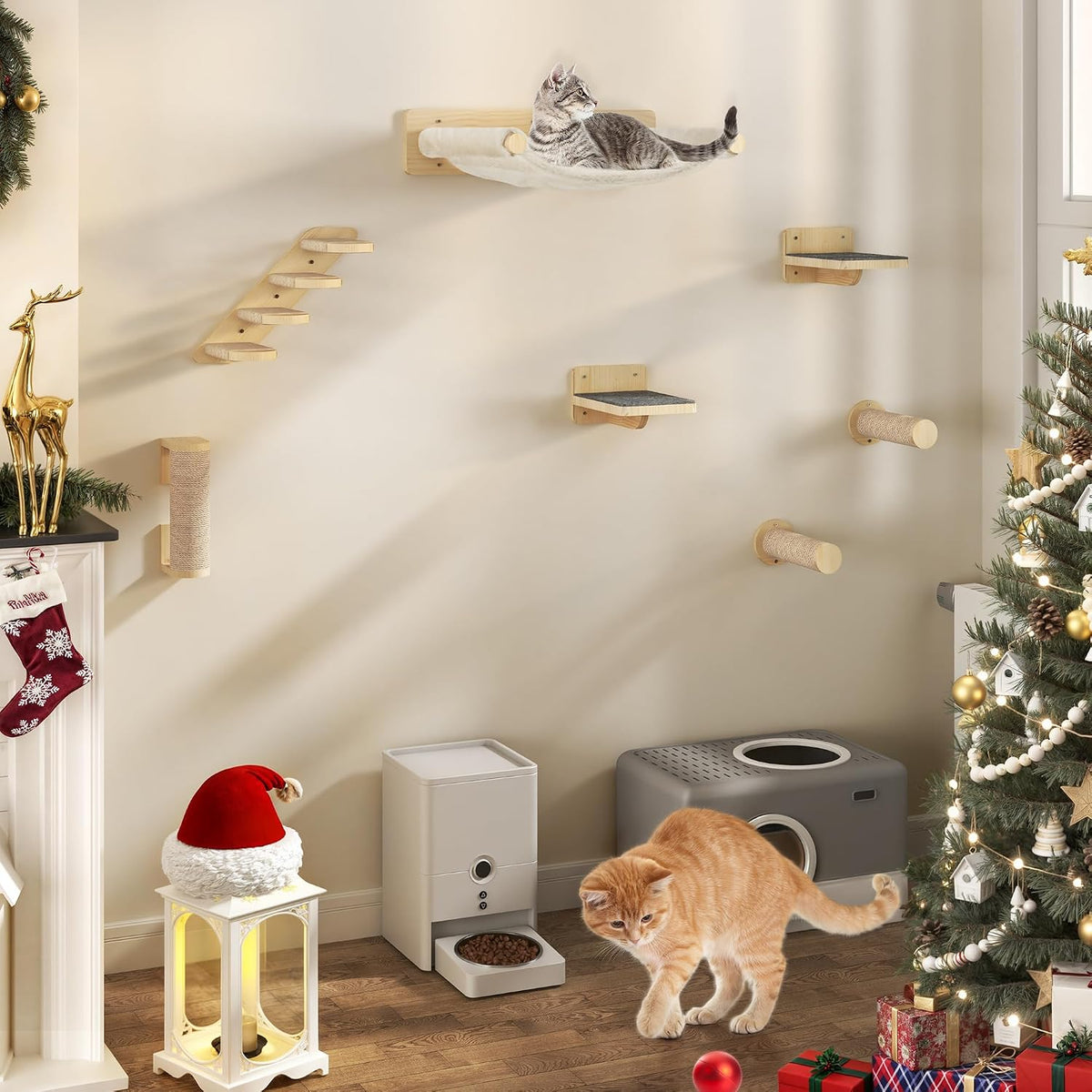 YITAHOME 7PCS Wall Mounted Cat Climbing Shelves, Wooden Cat Wall Furniture, Cat Climbing Tree, Wooden Cat Scratcher with 3 Sisal-Covered Columns/4 Step Cat Stairway with Scratching Post/Hammock MegaBDM