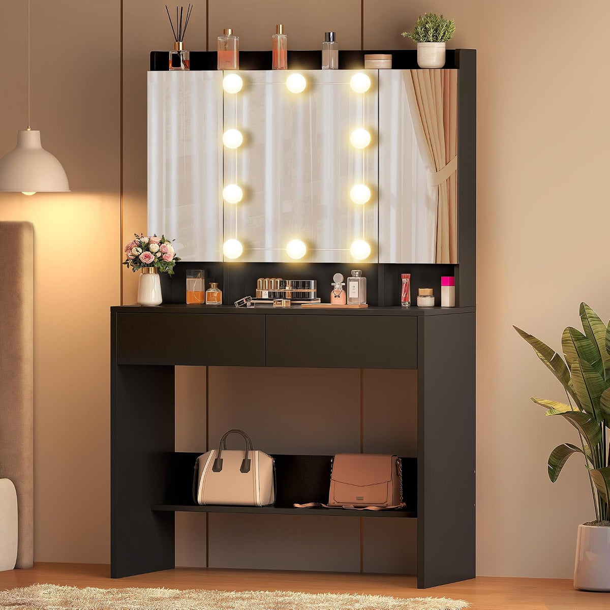 YITAHOME Black Dressing Table, Dressing Tables with Lights and Mirror Dressing Table Set with Hollywood LED Lights Mirror Vanity Makeup Table Set with 2 Large Drawers and 6 Shelves for Bedroom MegaBDM