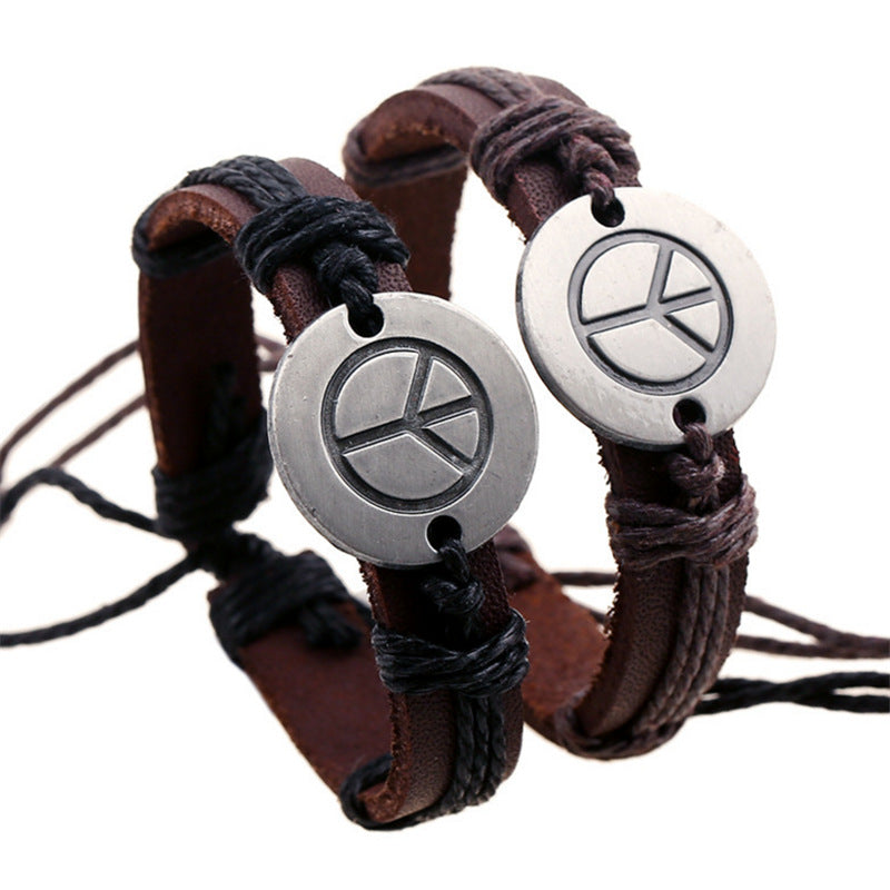 Peace Logo Cattle Leather Adjustable Vintage Carrying Bracelet MegaBDM