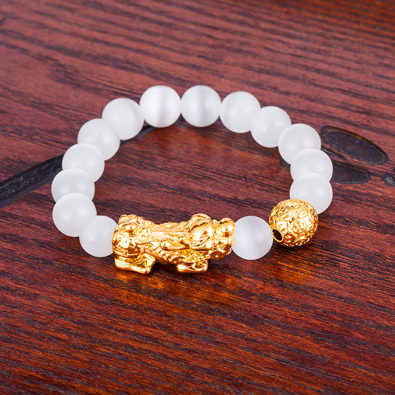 Men's & Women's Agate Couple Six Words Mantra Alluvial Gold Gilt Beaded Bracelet - 10mm White Style Twelve MegaBDM