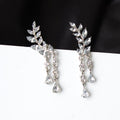 Korean Style Sweet Rhinestone Popular Leaves Tassel Earrings - Silver MegaBDM