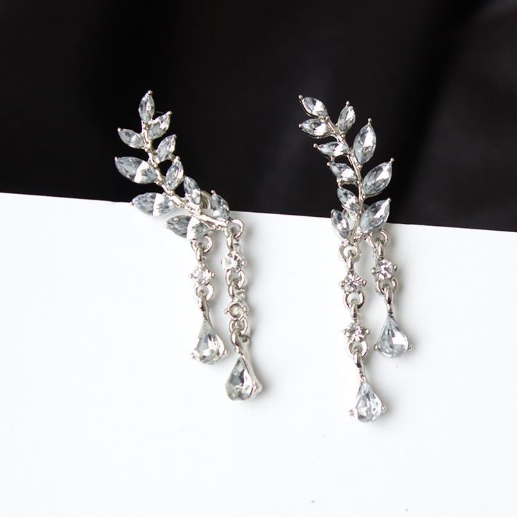 Korean Style Sweet Rhinestone Popular Leaves Tassel Earrings - Silver MegaBDM