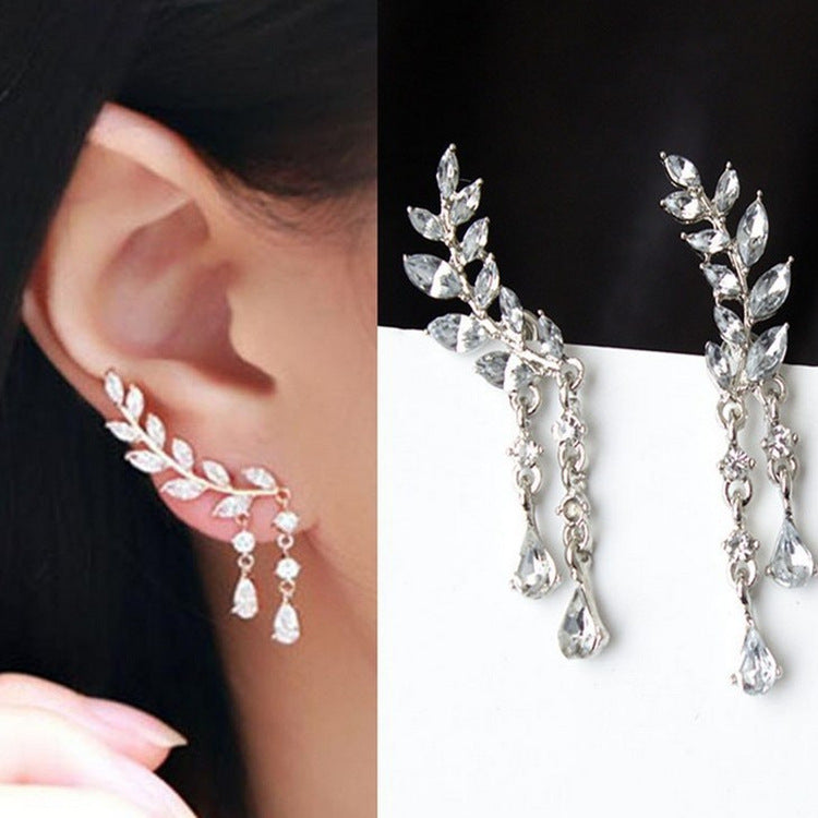 Korean Style Sweet Rhinestone Popular Leaves Tassel Earrings MegaBDM
