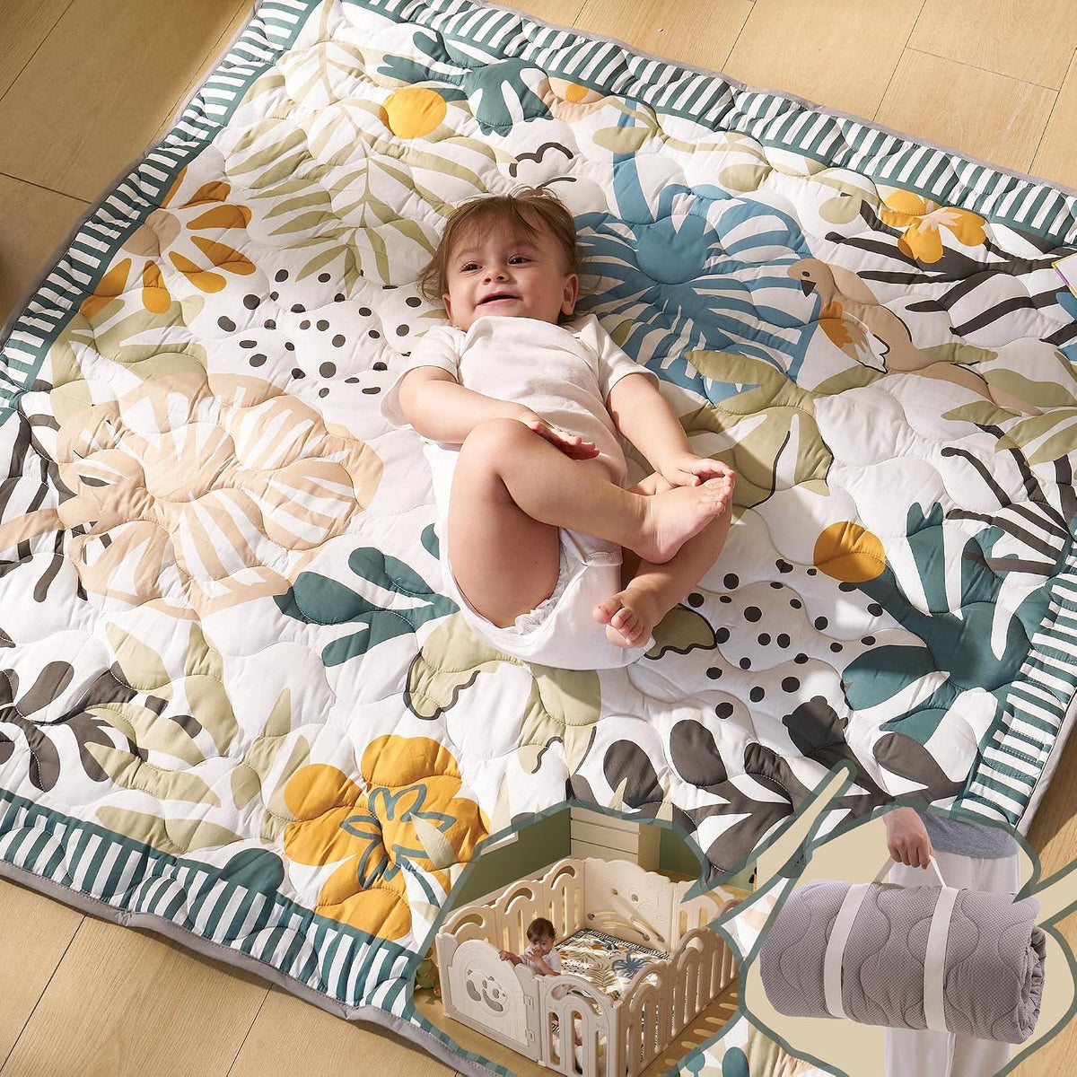 momcozy Baby Play Mat for Floor, 127 x 127cm Thickened Playpen Mat, Playmate for Baby Tummy Time, Waterproof & Non-Slip, Foldable Outdoor Mat with Carry Handle, Forest World MegaBDM