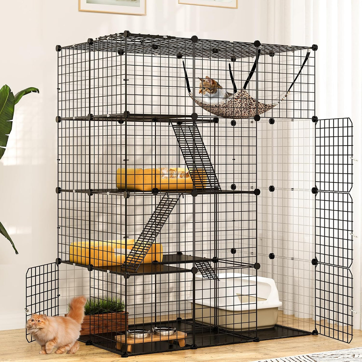 YITAHOME Large 4-Tiers Cats Cage Indoor, 104x72x140 cm Enclosure Metal Wire Cats Kennels with 4 Doors, 3 Ladders DIY Pet Playpen with Large Hammock for 1-3 Kitty, Rabbits, Chinchillas MegaBDM