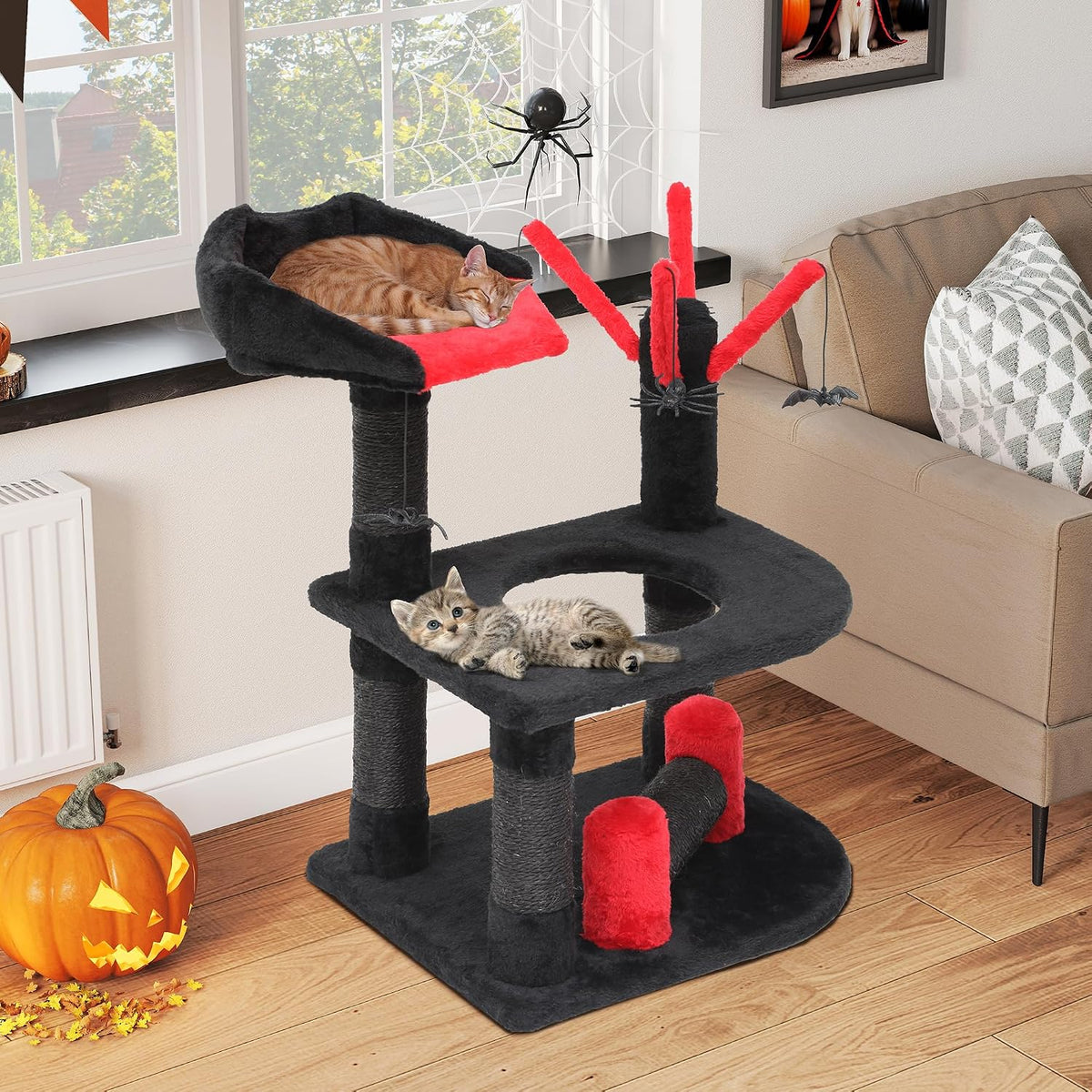 YITAHOME Gothic Cat Tree, Multi-Level Cat Activity Center with Top Perch, Dual Platforms with Hole, Built-In Sisal Posts, Spider Ornaments, Black and Red MegaBDM