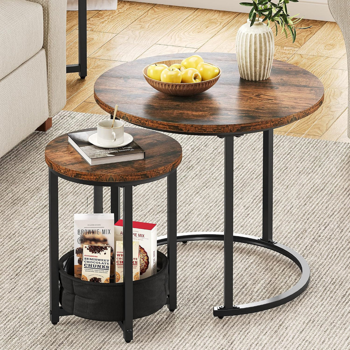 YITAHOME Coffee Table for living room, Nest of Tables Set of 2 with Storage, Small Round Table 60X60X50.5CM, Wooden Side Table with Sturdy Metal Frame, Easy Assembly MegaBDM
