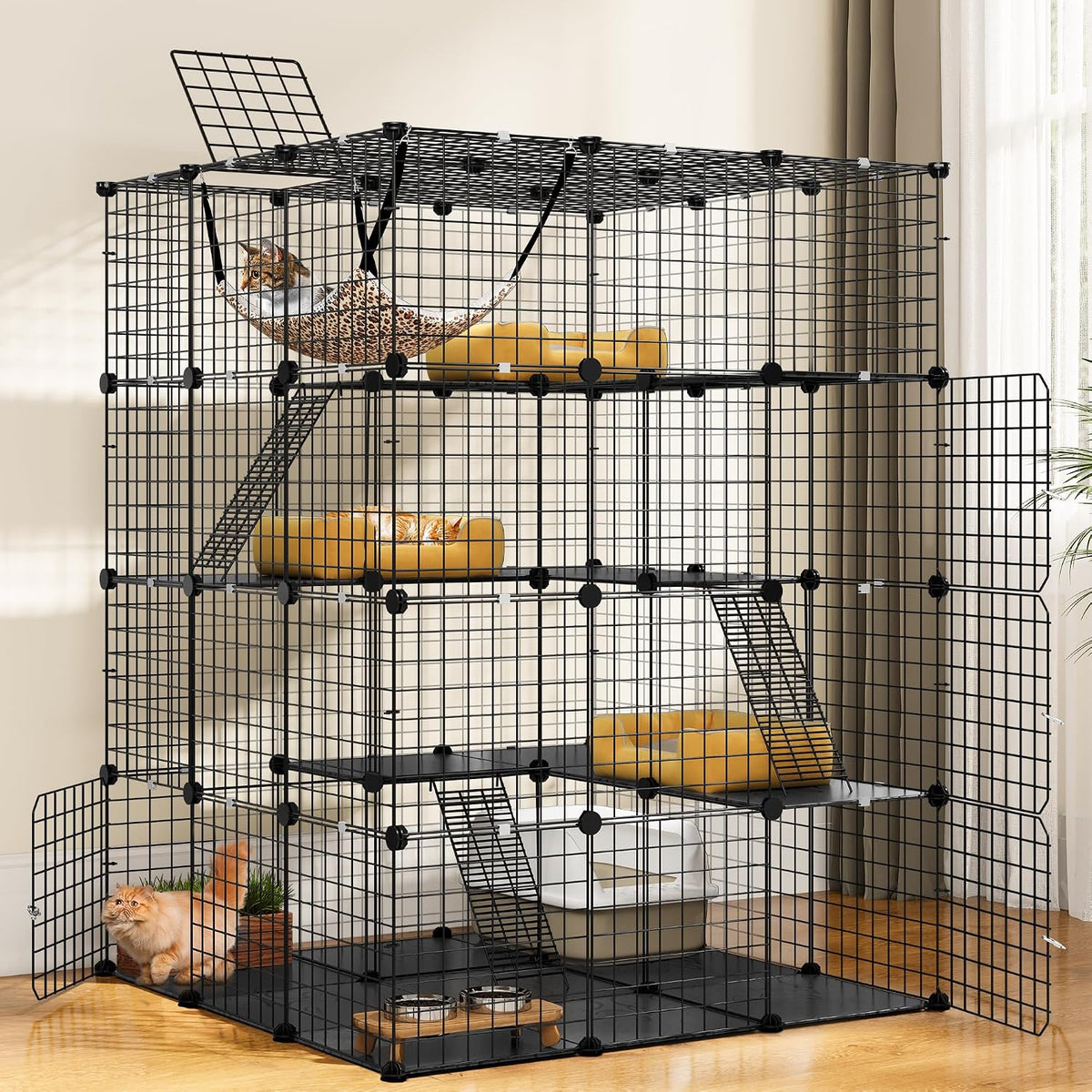 YITAHOME 4-Tier Large Cat Enclosure with Hammock, Detachable Metal Wire Crate/Kennels, Suitable for 1-4 Cats, Can Be Used Indoors/Outdoors, DIY Pet Crate Playpen, 105 x 105 x 140 cm MegaBDM
