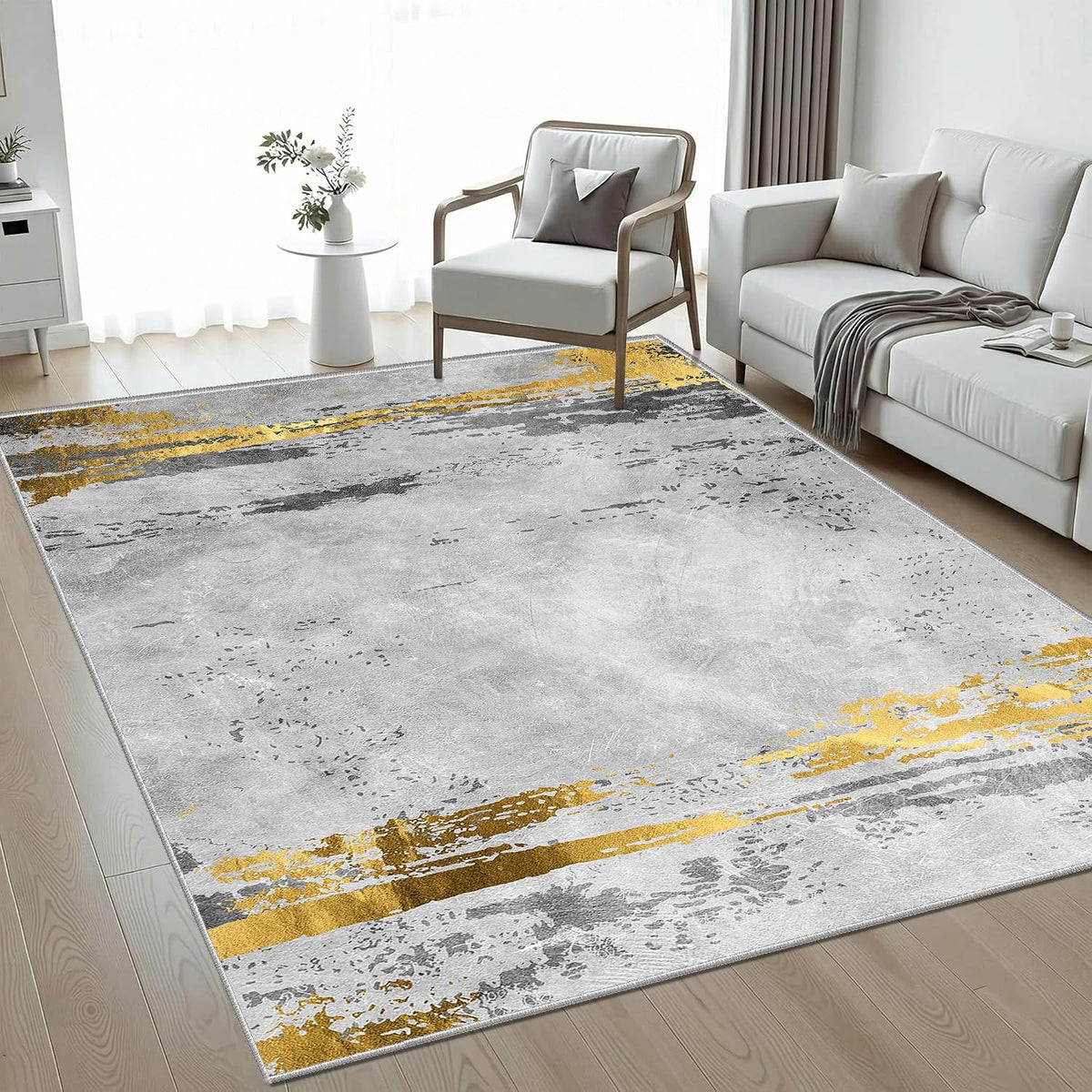 Washable Rugs Living Room 80x160cm Grey and Gold Rug Modern Abstract Thin Area Rugs for Bedroom Non-slip Short Pile Floor Carpet for Dining Room Kitchen Laundry Office MegaBDM