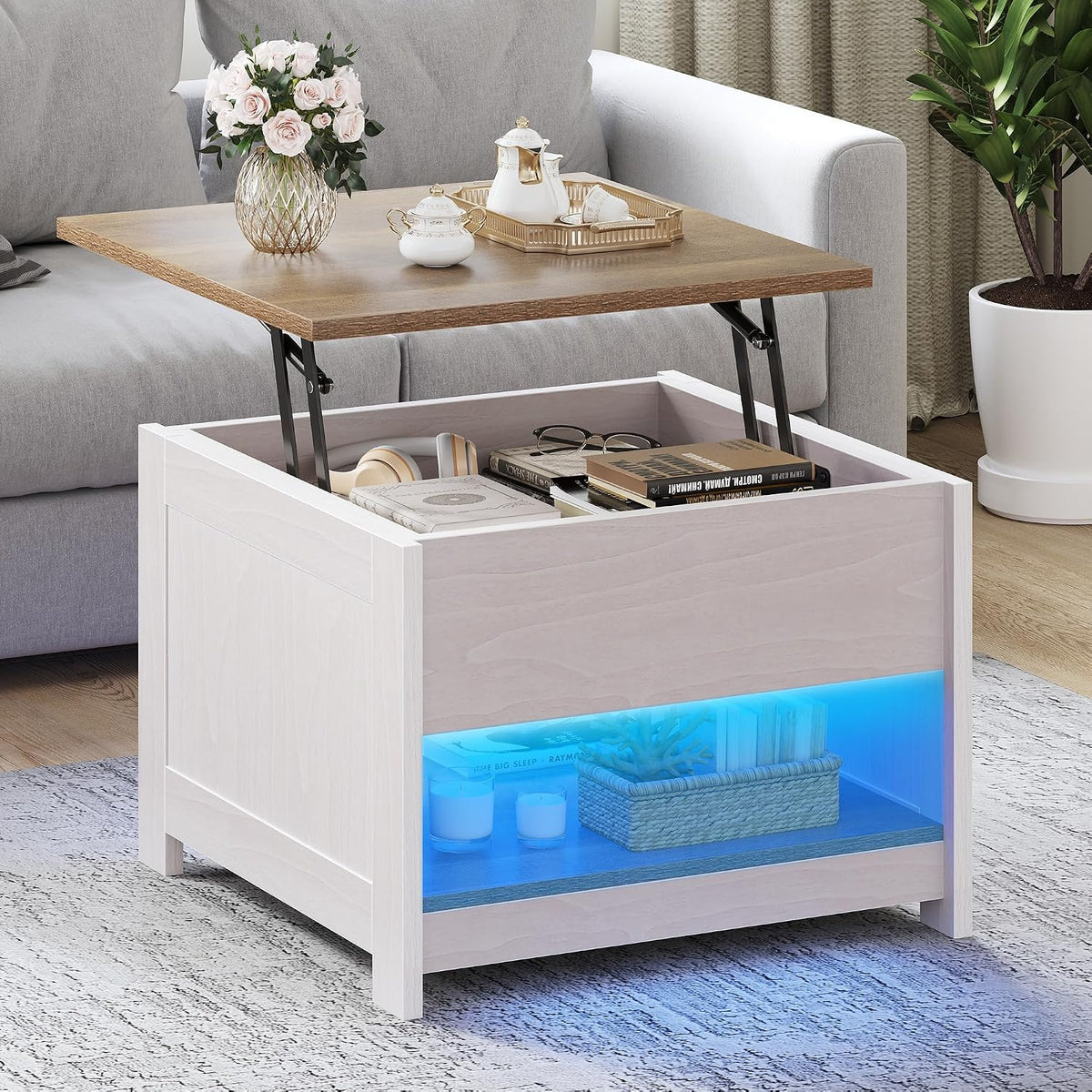 YITAHOME Lift Top Coffee Table, Square Wood Modern Rustic Coffee Table with Storage for Living Room, Farmhouse Grey Wash Coffee Tables 60x60x45cm MegaBDM