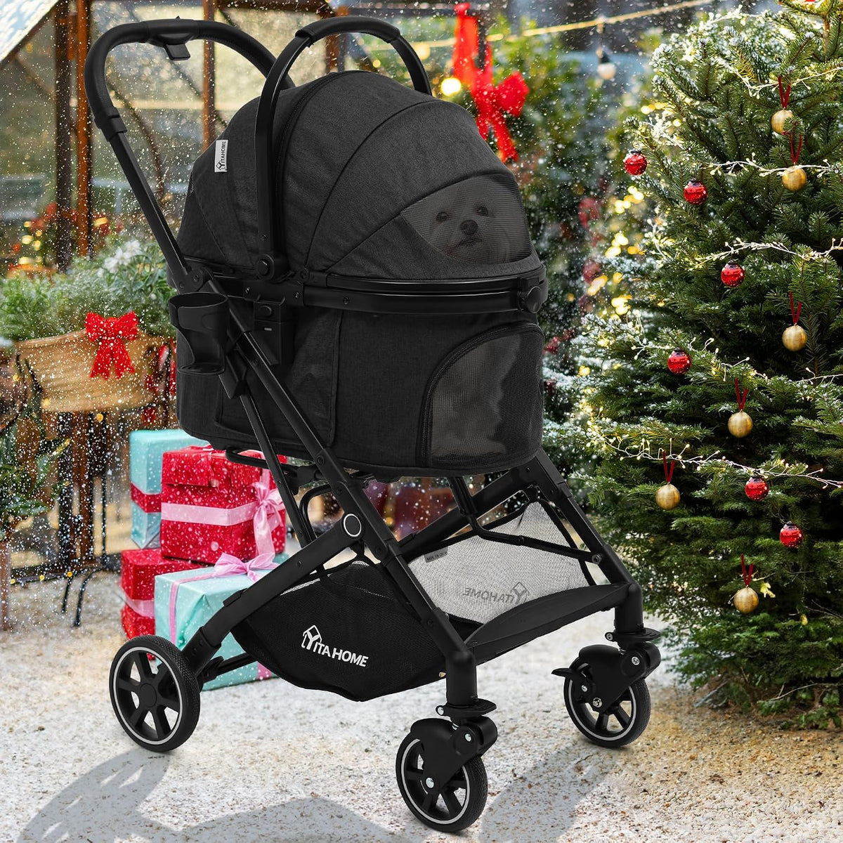 YITAHOME Dog Pram, Pet Stroller, Foldable Dog Pushchair for Medium Dog 15kg, Dog Buggy with Detachable Carrier Storage Basket, Cup Holder, Pet Carrier on 4 Wheels (Black) MegaBDM