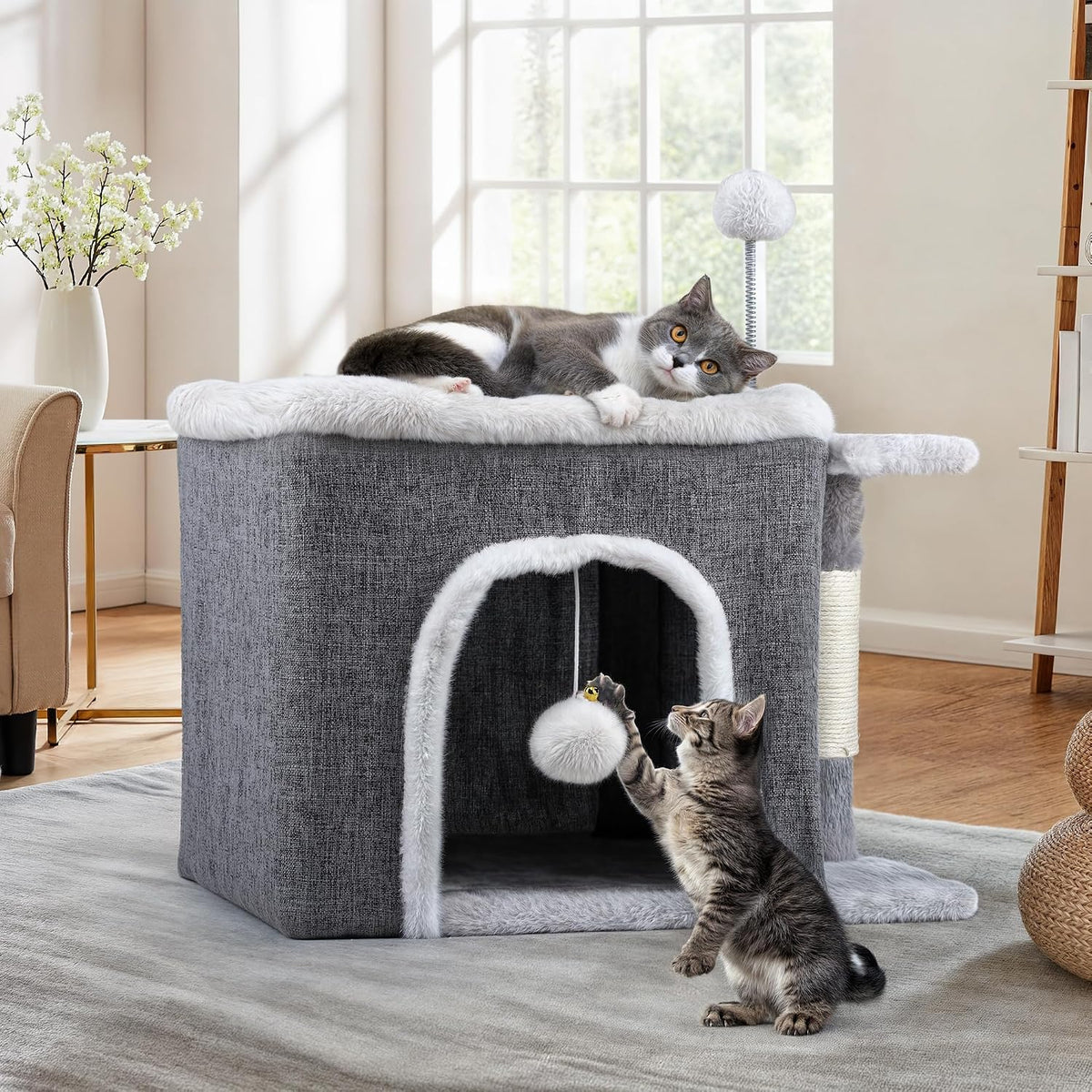 YITAHOME Indoor Cat House, Foldable Cat Cave, 47 L x 40 W x 32 H cm Large Pet Beds with Scratching Board and Play Ball Cave Cat Barrel for Medium Large Pets MegaBDM