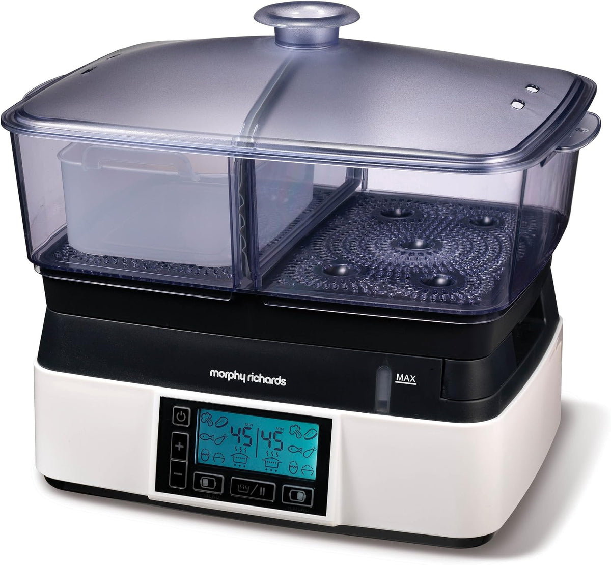 Morphy Richards Intellisteam Compact Food Steamer, 6L, Synchronised Steaming, Digital Display, Memory System, White & Black, 48775 MegaBDM