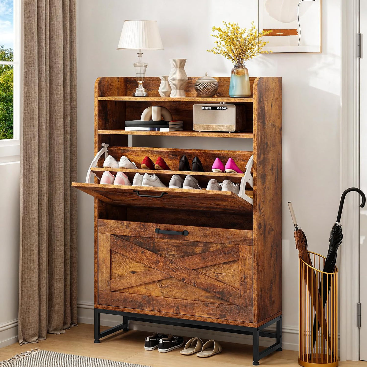 YITAHOME Shoe Cabinet with 2 Flip Drawers, Rustic Brown Wooden Shoe Storage Organizer with 2 Open Shelves, Floorstanding Entryway Shoes Cabinet for Hallway, Living Room, Bedroom,24x64x114cm MegaBDM