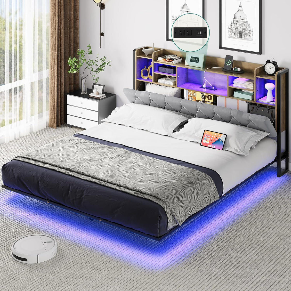 YITAHOME Bed Frame,LED with Headboard,USB Ports & Charging Outlets,Metal Platform Bed Frame with 2 Tiers Storage Shelves, No Box Spring Needed Super King Size Light Grey Color MegaBDM