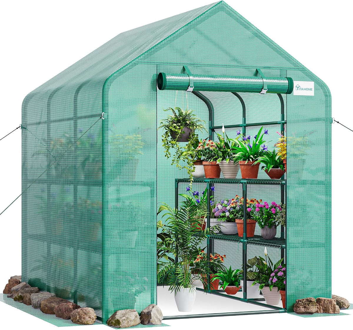 YITAHOME Garden Greenhouse XXL, 3 Tier 18 Shelves, PE Cover Zipper Door Green House Plant Cover, Weatherproof and UV Protection w/ Ground Nails Ropes for Garden Outdoor, 195x214x143cm, Green MegaBDM