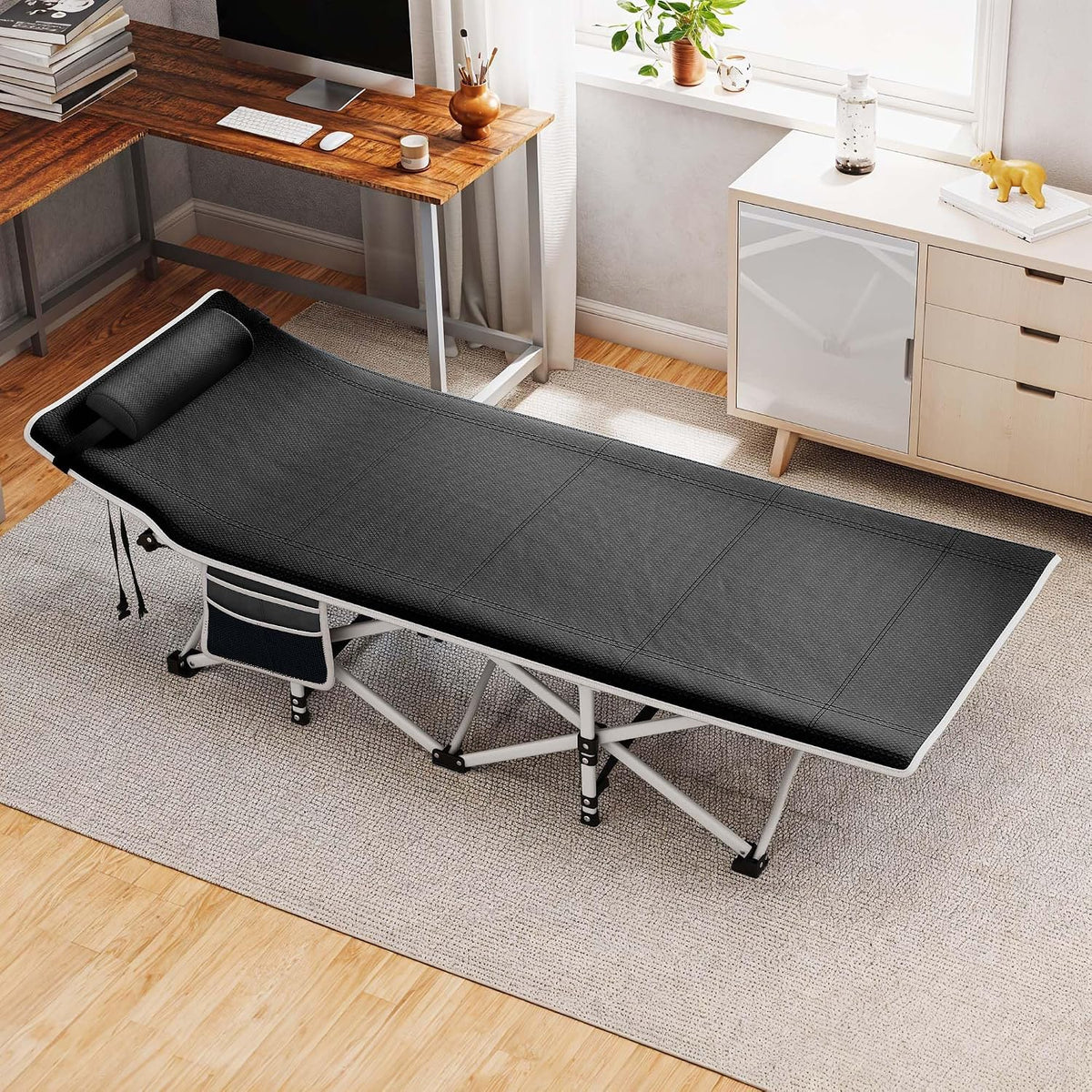 DWVO Folding Camping Lounger 28 Inch Extra Wide Camping Bed Camp Bed Foldable with 280 kg Load Capacity, Portable Camp Bed for Outdoor, Hiking, Travel & Office, Black MegaBDM