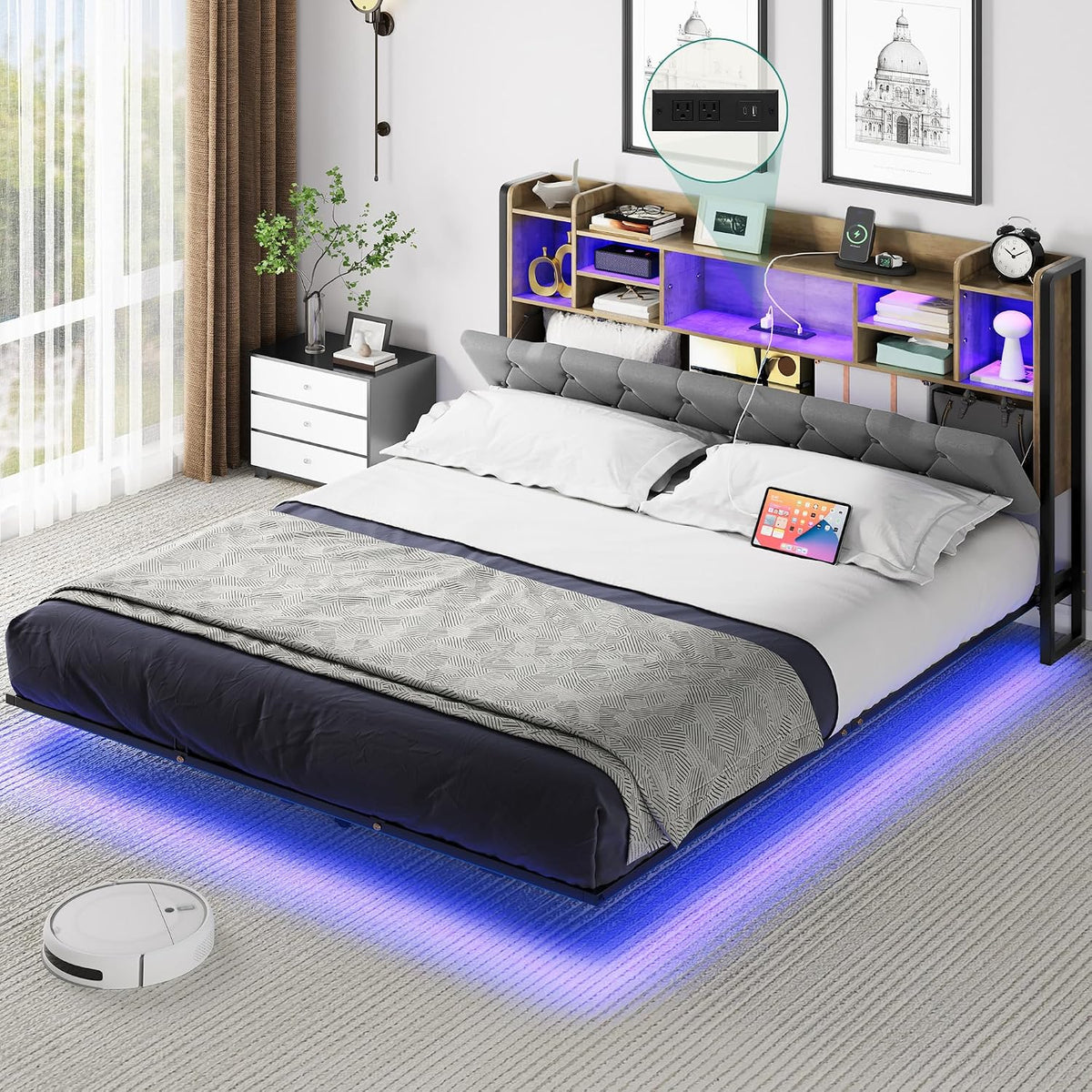 YITAHOME Bed Frame,LED with Headboard,USB Ports & Charging Outlets,Metal Platform Bed Frame with 2 Tiers Storage Shelves, No Box Spring Needed Super King Size Grey color MegaBDM