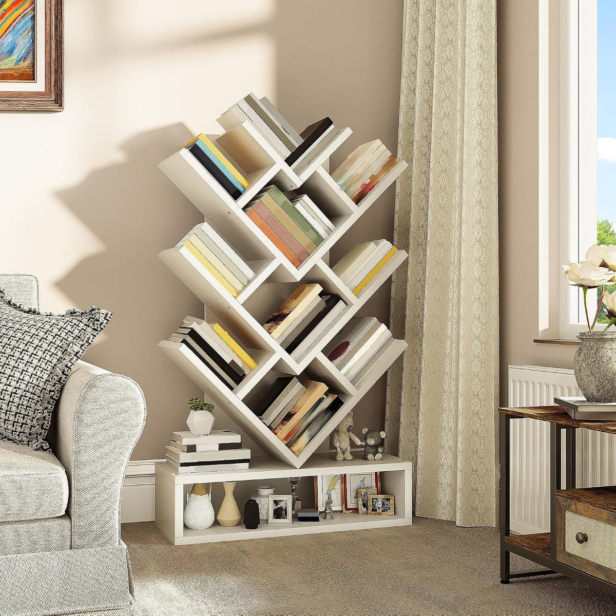 YITAHOME Tree Bookshelf, Floor Standing Bookcase with Wooden Drawer Industrial Shelving Units Display Storage Shelf for Living Room,Home,Office, White Book shelves MegaBDM