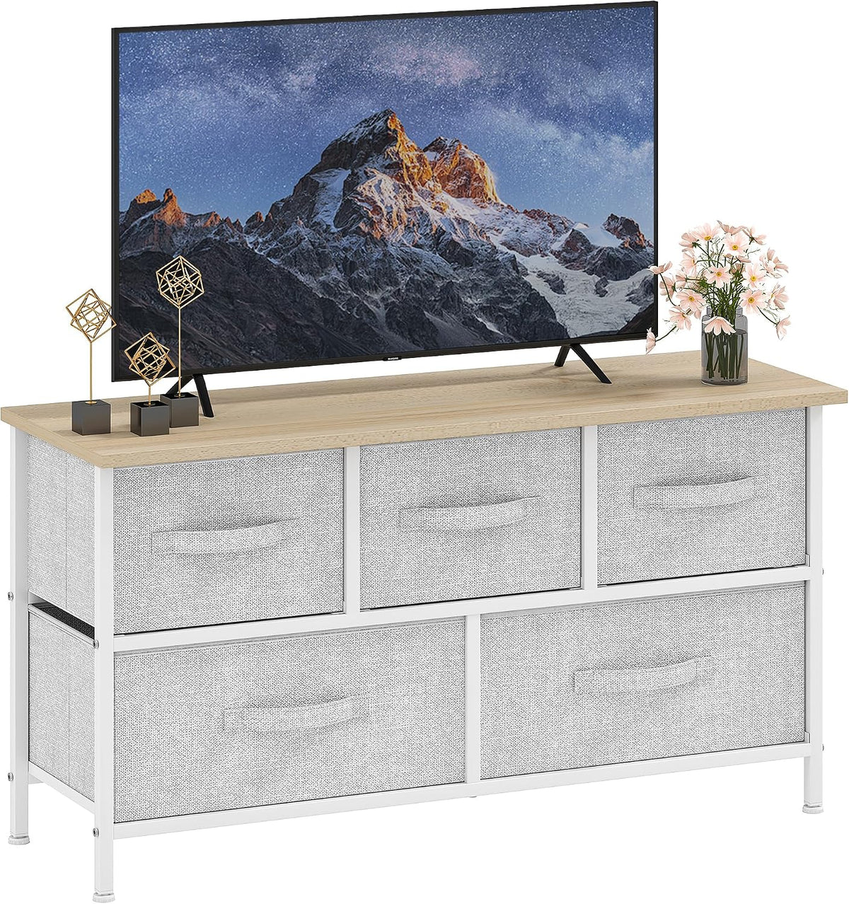 DWVO Chest of Drawers, 5 Fabric Drawers Bedroom Cabinet,Dresser for Bedroom,Living Room With Handles,Wood Top and Sturdy Steel Frame, Light Grey MegaBDM
