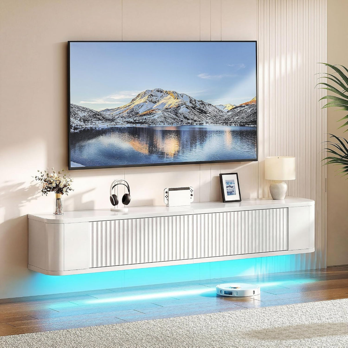YITAHOME 140cm Floating TV Stand, Wall Mounted TV Shelves With RGB Led Light, White High Gloss TV Media Console, Floating TV Cabinet Large Storage For Living Room and Bedroom MegaBDM