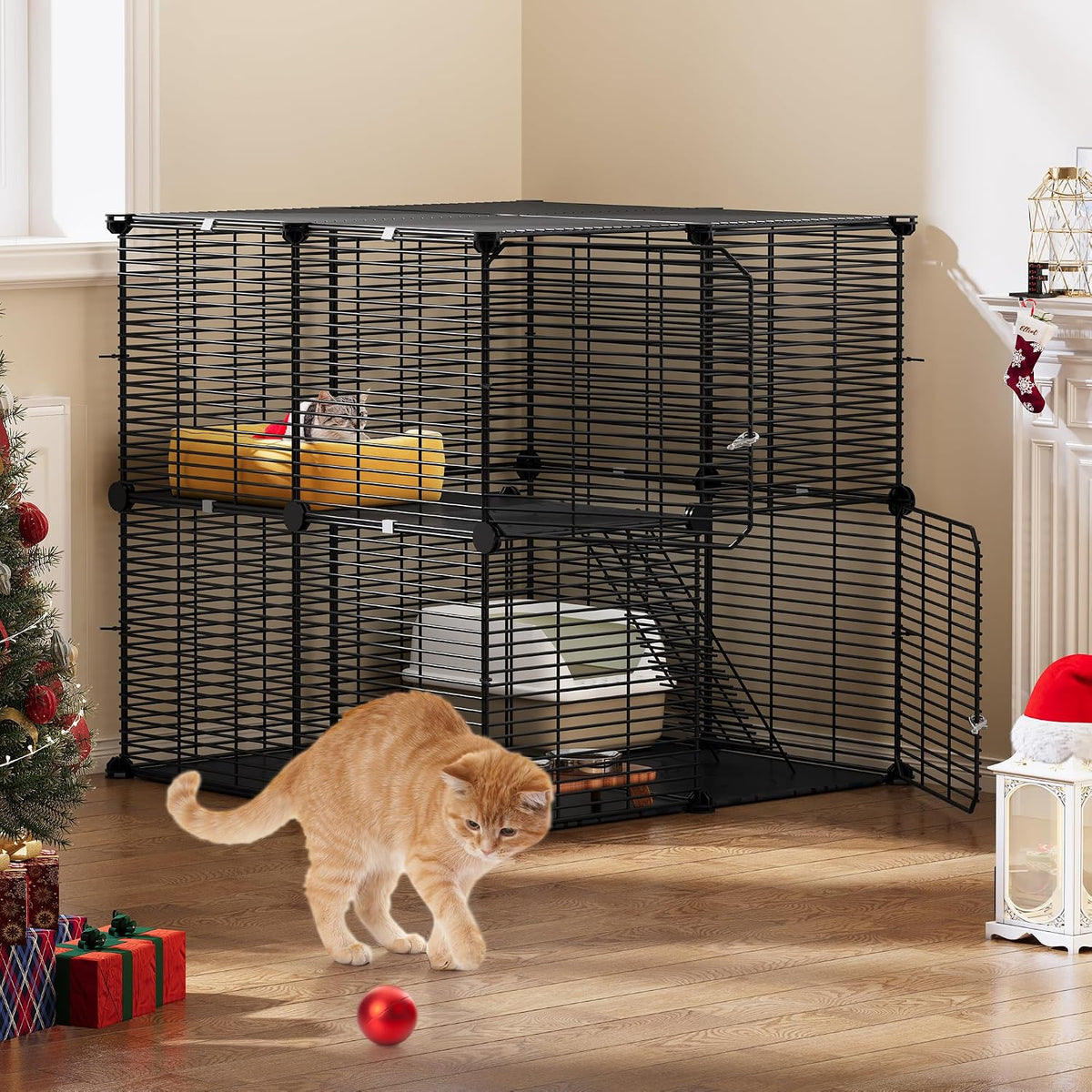 YITAHOME 2-Tier DIY Cat Enclosure - Indoor Playpen With Metal Wire Dense, Pet Cage for 1-2 Cats, Ferrets, Rabbits, Small Animals - Black, 71x71x71cm MegaBDM